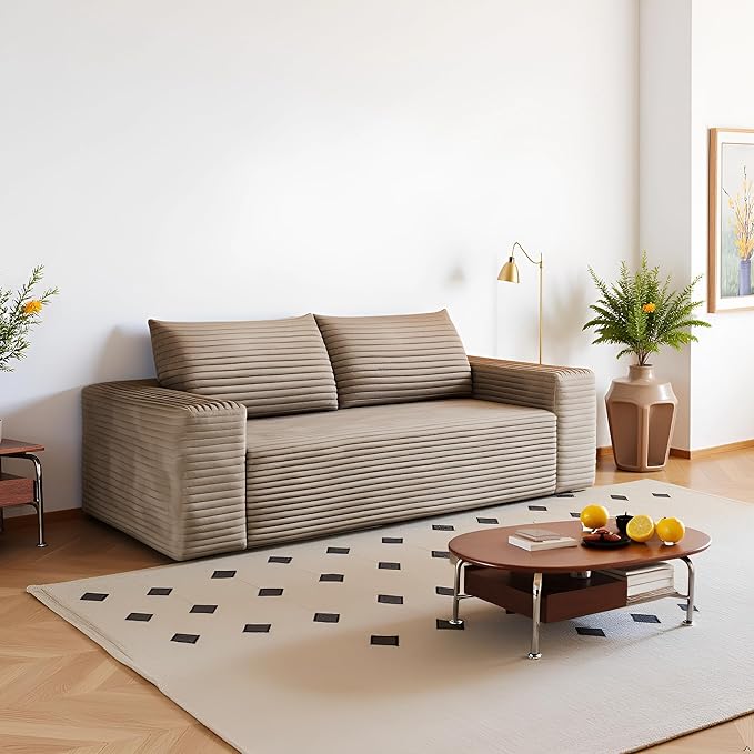 JINGLING 63" Small Couches for Small Spaces, Comfy Boneless Couch in a Box, Love Seat Compressed Sofa for Living Room Bedroom, Apartment Furniture, No Assembly, Corduroy, Camel