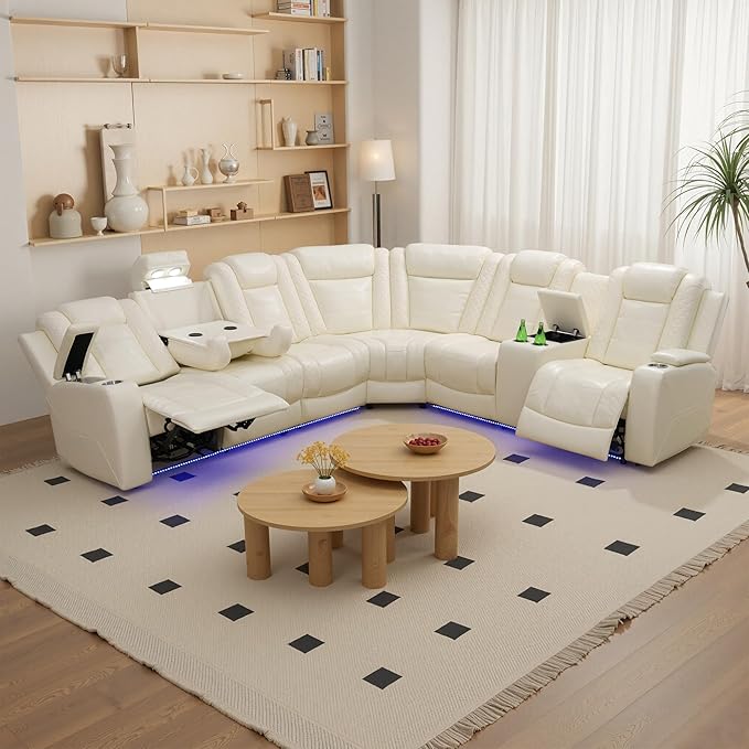 Power Recliner Sectional Sofa with LED Light, Breathing Leather Recliner Sofa Couch with USB Port/Cup Holder/Storage for Living Room (6 Seat Reclining Sectional Couch, Cream White)
