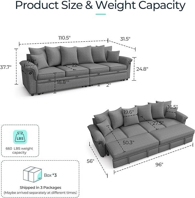 LINSY HOME Oversized Sectional Sleeper Sofa with Pull Out Couch Bed (Gray, 110.5'') | USB Charging, Pillow-style Armrest, Multiple Cushions, Modular Sofa, Corduroy Fabric