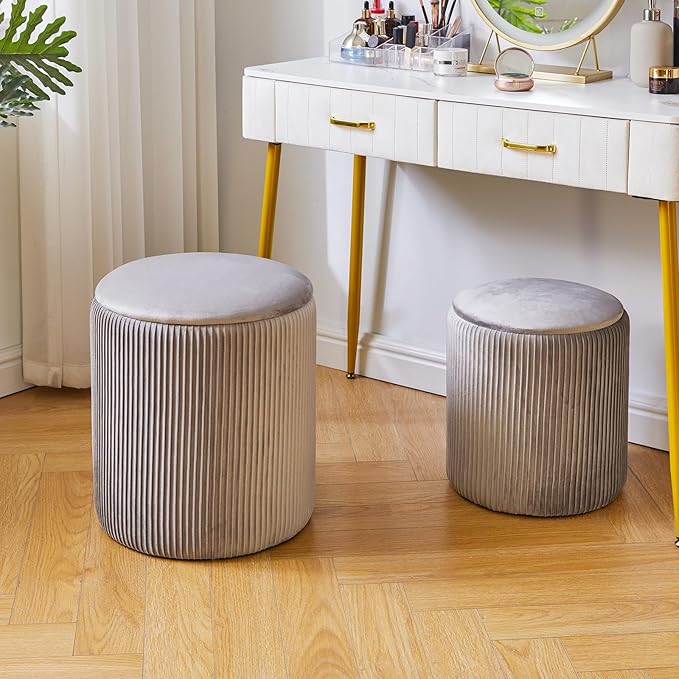 IBUYKE Round Ottoman with Storage Set of 2 Boucle Ottoman End Table for Living Room Vanity Stool Velvet Footrest Stool Bar Stool Grey UWBD005G