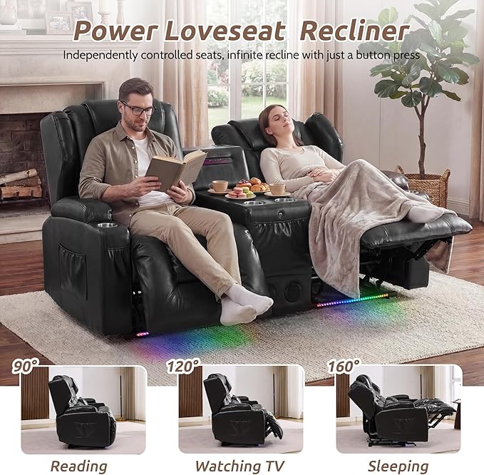 SAMERY Loveseat Recliner Sofa, Power Reclining Loveseat Sofa, Wall Hugger Recliners RV Couch with Console, Lift-Top Table, Rhythm & Ambient LED Lights, USB-C, Outlets, Faux Leather, Black | Extra Wide Seat, Plush Padding, Dual Power Recline, Lift-Up Ta...