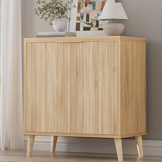 Buffet Cabinet with Storage, Modern Fluted Accent Sideboard with Doors & Adjustable Shelves, Buffet Table Entryway Cabinets for Living Room, Kitchen, Dining Room, Hallway, Natural
