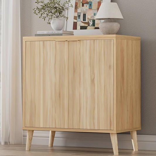 Buffet Cabinet with Storage, Modern Fluted Accent Sideboard with Doors & Adjustable Shelves, Buffet Table Entryway Cabinets for Living Room, Kitchen, Dining Room, Hallway, Natural