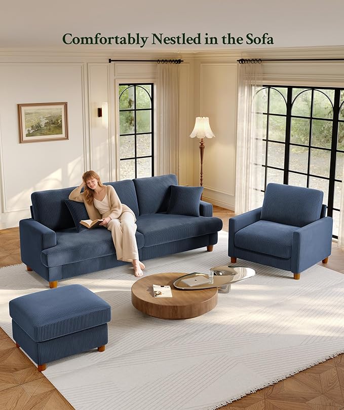 Welzona 87.2" Couches for Living Room, Comfy Sofa Set Tool-Free Setup, Corduroy Couch Set 7.5" Thicker Cushion, Accent Chair with Ottoman 848lbs Support, Sofas for Living Room Home Office, Blue