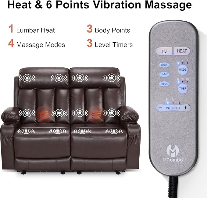MCombo Zero Gravity Loveseat Recliner with Heat and Massage, Power Reclining Sofa for Living Room, Faux Leather 6075 (Dark Brown, Loveseat Recliner)