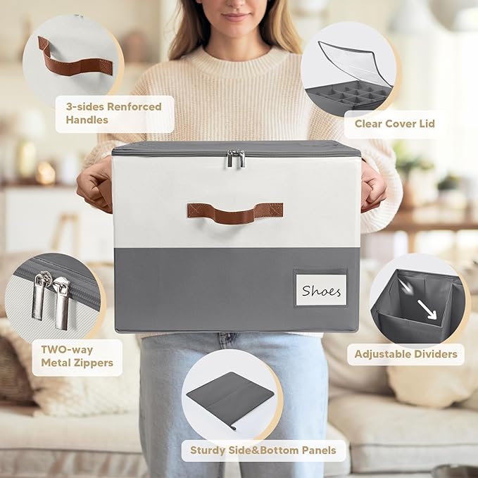 Shoe Organizer for Closet, Fits Up to 32 Pairs, Large Shoe Box Storage Container with Clear Cover, with Adjustable Dividers for Shoe Storage Bins,Space-Saving Shoe Bins,(2-Pack Beige and grey)