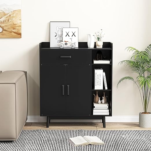 Giantex Floor Storage Cabinet, Freestanding Cupboard with 1 Drawer, 2 Doors, 3 Shelves, 4 Rubber Wood Legs, Sideboard, Entryway Unit for Home Office, Living Room, Storage Organizer (Black)
