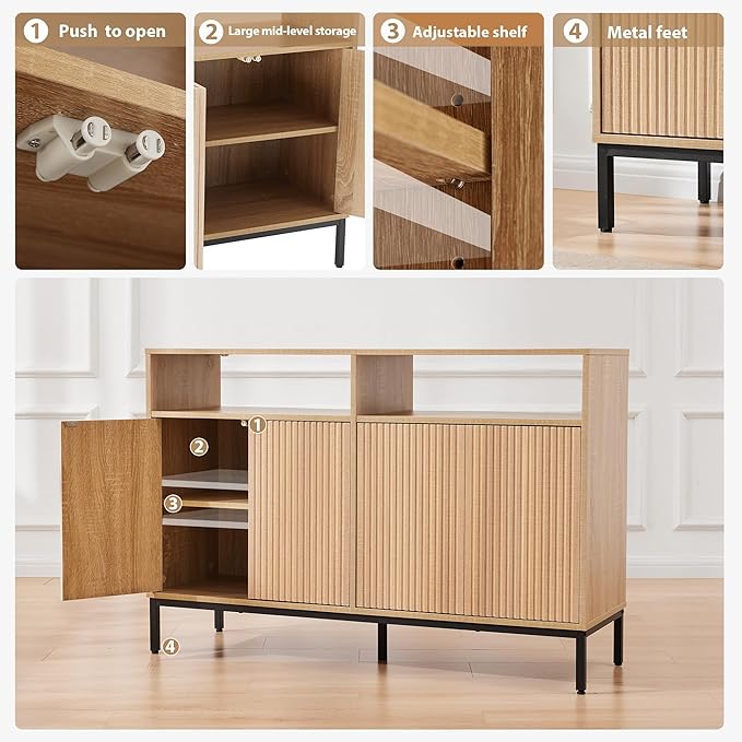 46.4" Fluted Sideboard Buffet Cabinet with Storage, Coffee Bar Console Cabinet with 4 Doors and Adjustable Shelves, Modern Wood Credenza for Kitchen, Living Room, Entryway, Natural
