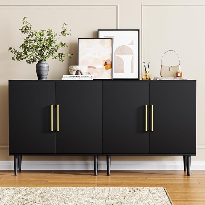 Black Buffet Cabinet, Free Standing Sideboard with Storage, Wood Accent Cabinet with Doors,Modern Credenza, Sideboard Storage Cabinet for Living Room, Dining Room(1, Black & Gold)