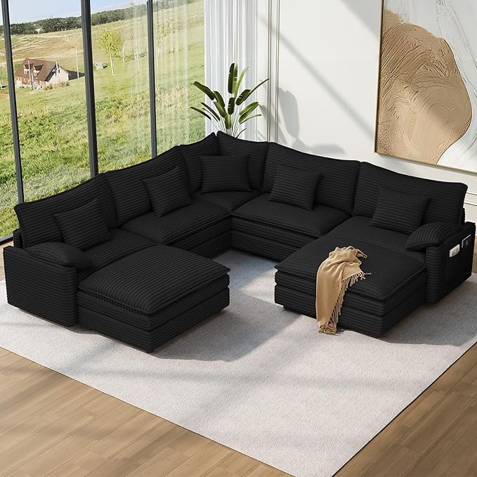 Vesgantti 101" V-Shaped Corner Couch Sectional, 7 Seat Customizable Modular Cloud Couches with Movable Ottoman, Corduroy Deep Seat Sofa Set with Chaise for Living Room, Bedroom and Apartment, Black | Sink-in Comfort, Height Adjustable, Easy Rearrangeme...