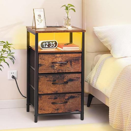 Yoobure Night Stand with Charging Station, 16 Colors LED Nightstand with USB Ports and Outlets, End Table with 3 Fabric Drawers and Storage Shelf, Bedside Tables Small Dresser for Small Space, Brown