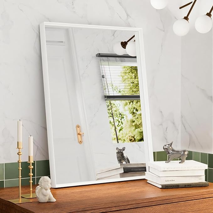 16x24 inch White Bathroom Mirrors for Over Sink, Small Bathroom Vanity Mirror, Aluminum Framed Mirror, Tempered Glass, Decorative Wall Mirror(Horizontal/Vertical)