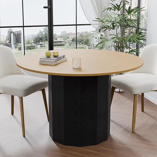 Casaphoria 46 inch Round Wood Dining Table for 4, Black Cylinder Pedestal Base, Modern Farmhouse Style, Kitchen & Dining Room Table