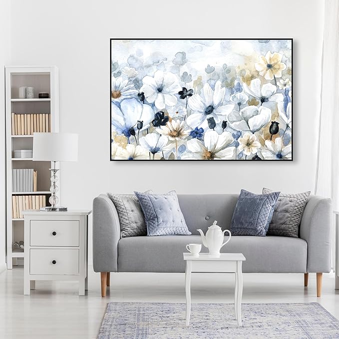 The Oliver Gal Artist Co. Floral and Botanical Wall Art Framed Canvas Prints 'Fields Flowers Home Décor, 54" x 36", Blue, White