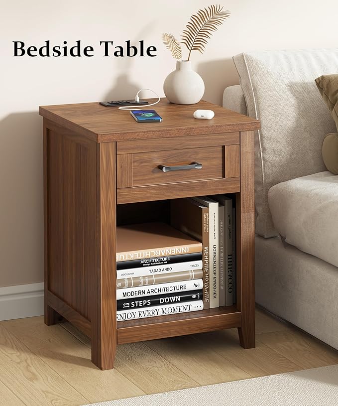 Farmhouse Nightstand with Charging Station & Large Storage, Modern End Tables with Outlets, USB Ports and Type-C Ports, Easy Assembly for Bedroom (Walnut)