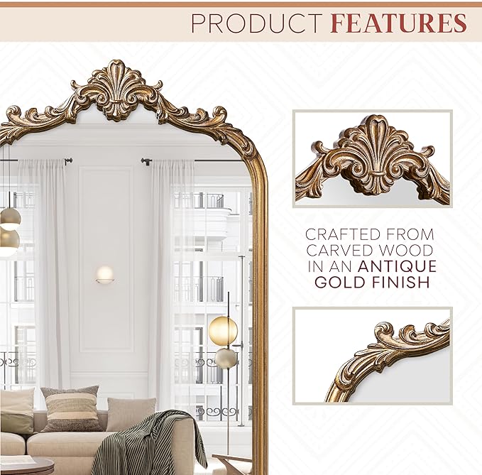 English Estate Carved Arch Wood Wall Mirror, Mirror for Entryway, Living Room, Bathroom, Antique Gold, 20.4x33
