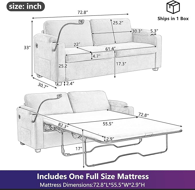 Merax 72.8" Corduroy Sleeper Sofa Bed with Full Size Mattress, Futon Couches with USB Ports | Phone & Cup Holders| Side Pockets,Pull Out Couch for Living Room, Small Loveseat, Grey