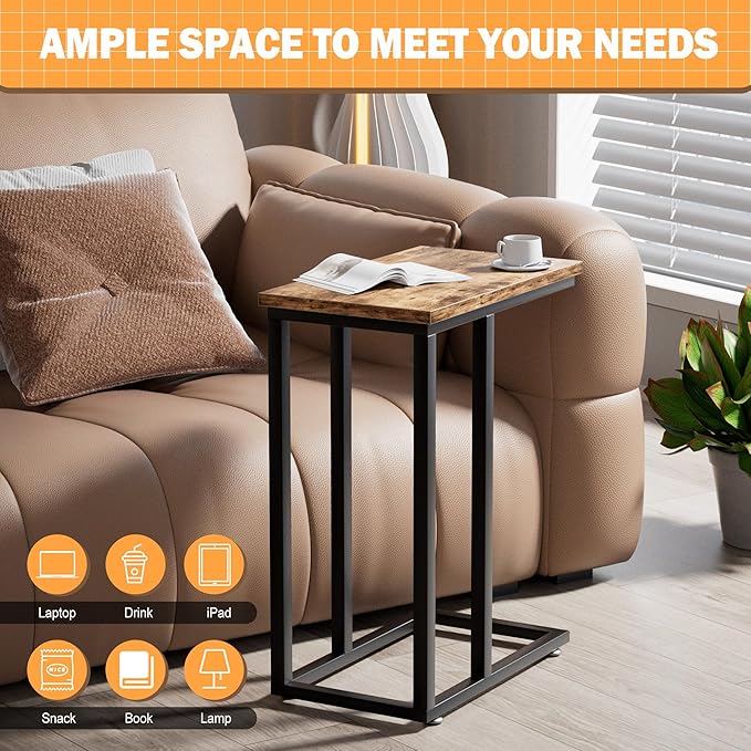 VECELO Universal C-Shaped Side Table, Multi-Functional Snack & TV Tray for Living Room, Bedroom, Grey (2 Set)