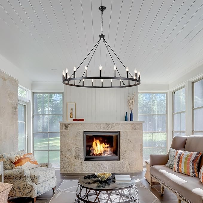 47.2 inches Black Wagon Wheel Chandelier- 20 Light Large Farmhouse Chandelier Industrial Rustic Dining Room Light Fixture Round High Ceiling Pendant Light for Living Room Entryway Foyer