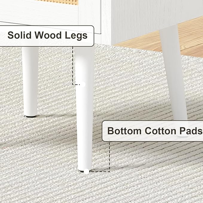 Night Stand Set 2, Nightstands Set of 2 with Charging Station, Rattan Side Tables with Solid Wood Legs, Boho Bedside End Table for Farmhouse Bedroom Dorm Small Space - White