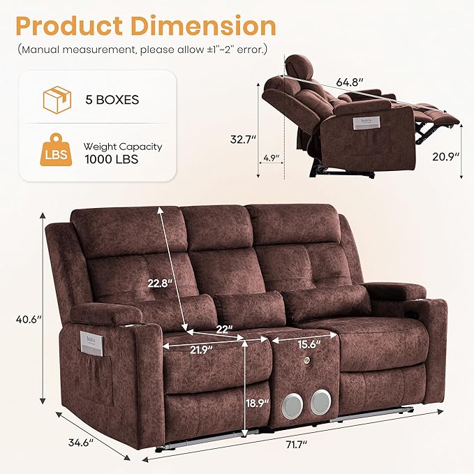 Power Reclining Loveseat with Flip Backrest, Power Loveseat Recliner Sofa with LED Lights, Bluetooth Speaker, 3-Seater Recliner Sofa with Arm/Seat Storage (Brown, Loveseat with Console)
