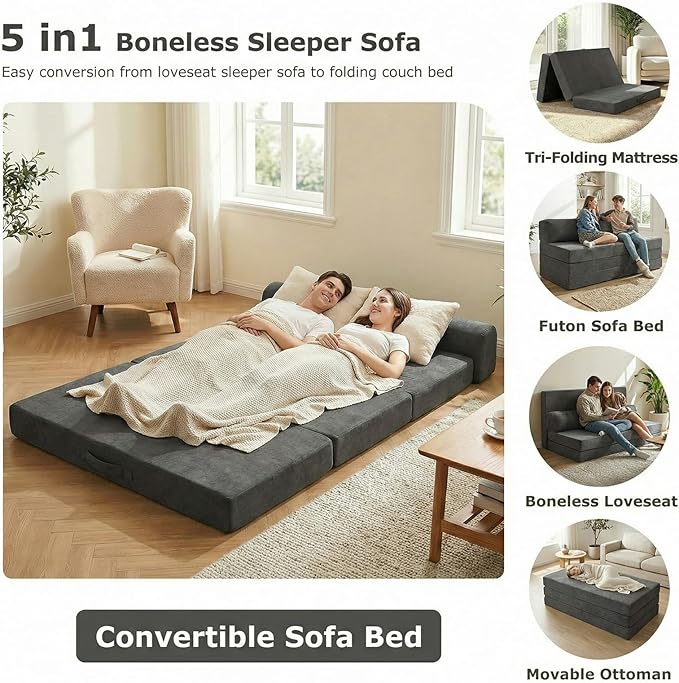 5-in-1 Convertible Sofa Bed, Boneless Loveseat Sleeper with Removable Cushions & Washable Cover,Futon Sofa Bed with Handle, Pull Out Couch for Small Spaces, King Size, Grey
