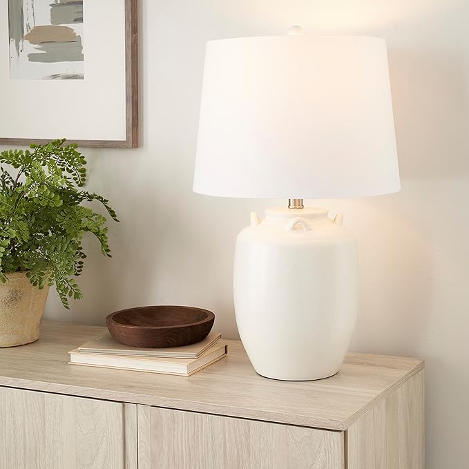 Nourison Home 24" White Farmhouse Ceramic Pottery Jug Table Lamp for Bedside Table, Living Room, Office, Entryway