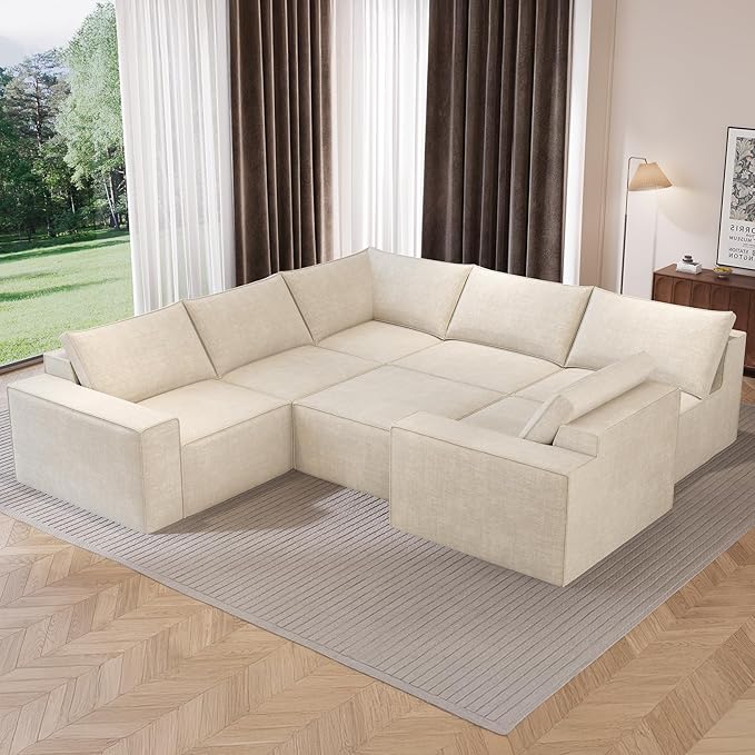 Vesgantti 143.7" Oversized Boneless Couch, Modern 7 Seater Modular Sectional Sofa with Deep Seat, Convertible Chenille Cloud Couches for Living Room, No Assembly Required, Beige