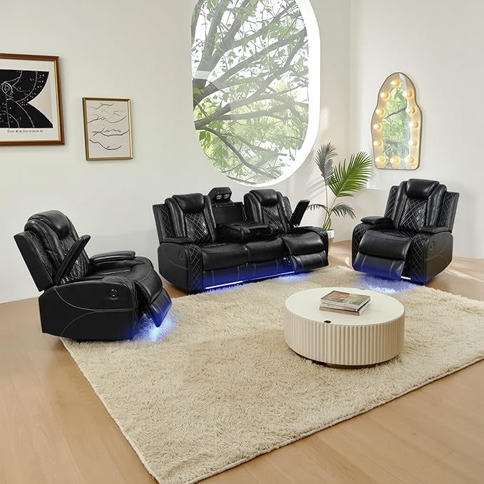 Power Recliner Sofa Set, Breathing Leather Reclining Couch Set, Leather Couch and 2 Recliner Chairs Set with LED Lights/Charging Ports/Storage for Home/Office (Black, Sofa+2 Chairs)