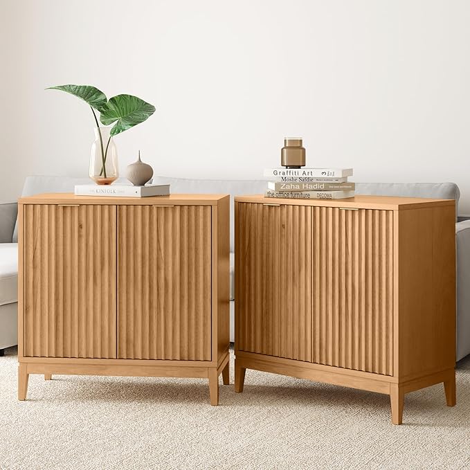 Nathan James Jasper Wood Modern Sideboard Accent Storage Cabinet TV Stand with Fluted Doors, for Kitchen or Living Room, Warm Pine, Set of 2
