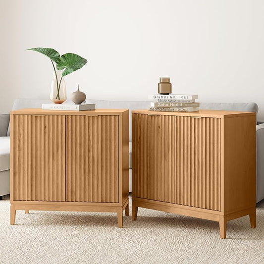 Nathan James Jasper Wood Modern Sideboard Accent Storage Cabinet TV Stand with Fluted Doors, for Kitchen or Living Room, Warm Pine, Set of 2