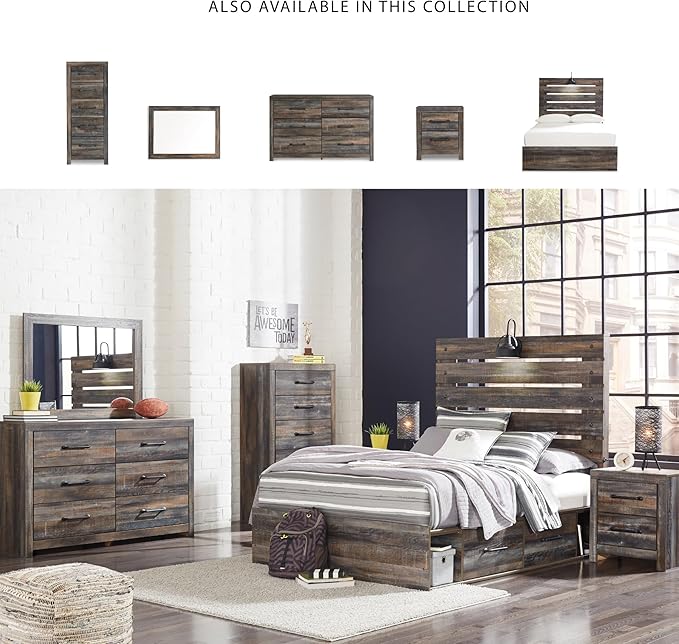 Signature Design by Ashley Drystan Rustic Full Panel Platform Bed with 2 Storage Drawers, Open Cubbies, Sconce LED Light and USB Ports, Foundation or Box Spring Not Needed, Dark Brown & Gray