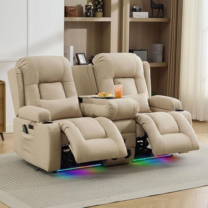 TUNYI Wall Hugger Loveseat Recliner Sofa with Console, Power Reclining Loveseat RV Couch with Massage & Heat/USB/Outlet/Storage/LED Light/Speaker (Beige)