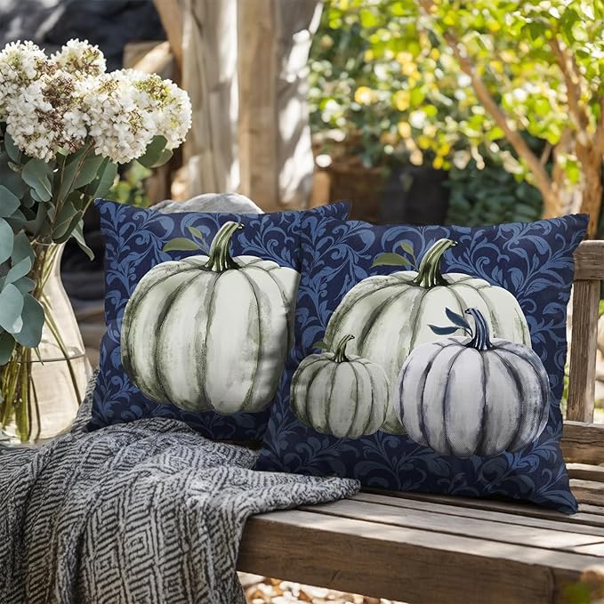 Fall Decorative Throw Pillow Covers 20 x 20 Inch Set of 2 Navy Blue White Pumpkin Outdoor Pillow Covers Autumn Thanksgiving Harvest Cushion Case for Farmhouse Living Room Decor