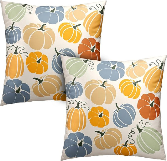 Fall Throw Pillow Covers 20x20 Set of 2 Orange Blue Pumpkins Pillow Covers Colorful Autumn Outdoor Pillow Case Cotton Blend Cushion Case for Couch Patio Bed Car