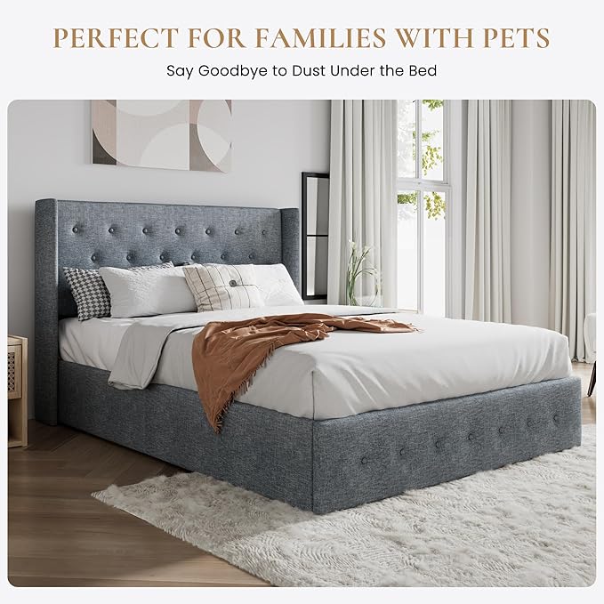 SHA CERLIN Full Size Lift Up Storage Bed Frame,Button Tufted Wingback Headboard,Upholstered Platform,Hydraulic Storage,Wooden Slat Support,No Box Spring,Grey Blue