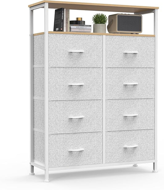 DUMOS Fabric Dresser for Bedroom with 8 Drawers, Tall 8-Drawer Chest of Drawers with Raised Shelf, Storage Tower with Fabric Bins for Closet Organization, Hallway Storage, Light Grey