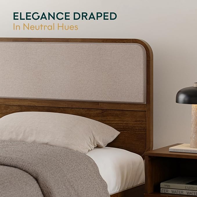 Bme Solid Wood Calista King Bed Frame – Chestnut Finish Platform Bed with Upholstered Headboard, Mid-Century Modern Style with Sturdy Slats & Tapered Legs, No Box Spring Needed