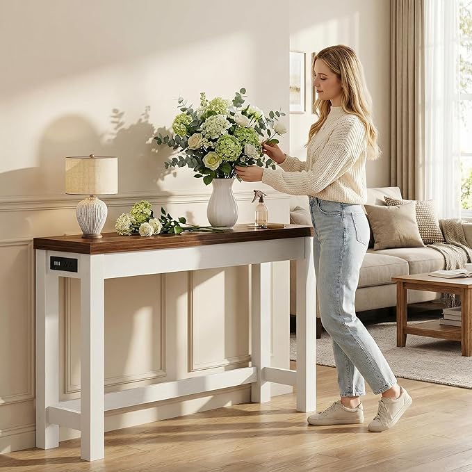 Cyclysio 47" Console Tables for Entryway, Narrow Console Tables for Living Room, Behind Couch Table, Sturdy Wood Support Hallway Table with 3AC+2USB Charging‌ Station, Rustic Oak