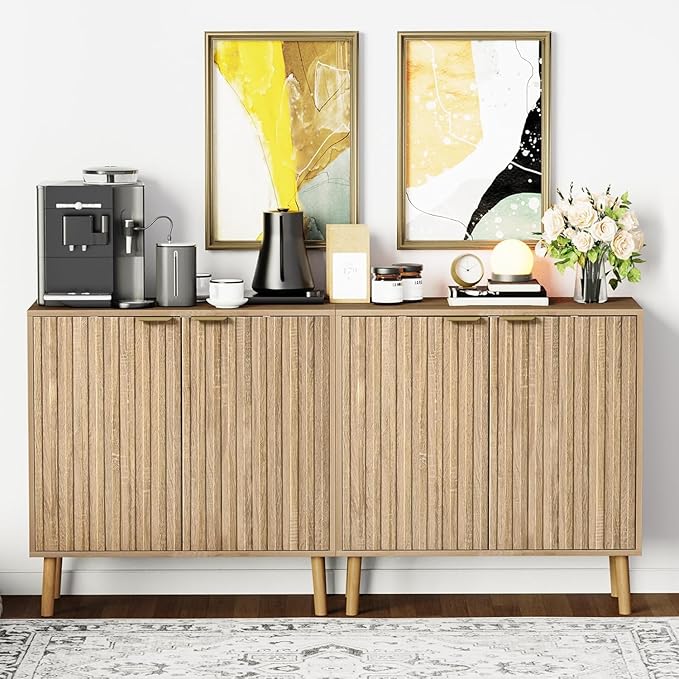 Pamapic Fluted Storage Cabinet, Sideboard Buffet Cabinet with Storage, Wood Credenza with Adjustable Shelves, Modern Accent Cabinet for Living Room, Kitchen, Entryway, Natural(2, Natural)