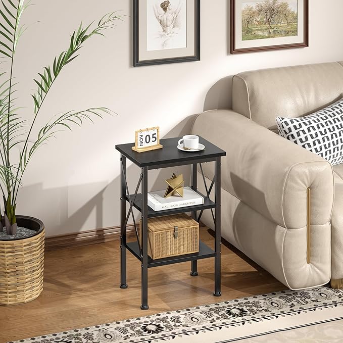 VECELO End Table, Nightstand, 24" Tall Living Room Side Tables, X-Design Reinforced Bedside Table, Nightstands with 3-Tier Storage Shelves for Small Spaces, Office, Bathroom, Bedroom, Antique Black
