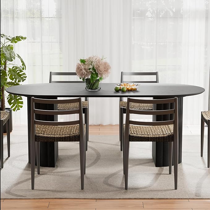 Casaphoria 79" Oval Dining Table, Modern Wood Kitchen Table with Cylinder Stripe Convex Base for Living Room & Dining Room, Easy Assembly Farmhouse Furniture for 6-8, Black