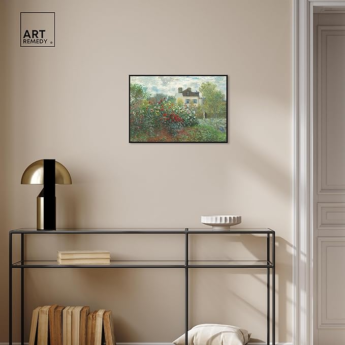 Art Remedy Monet-Garden With Dahlias Impressionism Classic Landscape Paintings Canvas Wall Art, Black Floater Frame, 20"x30"