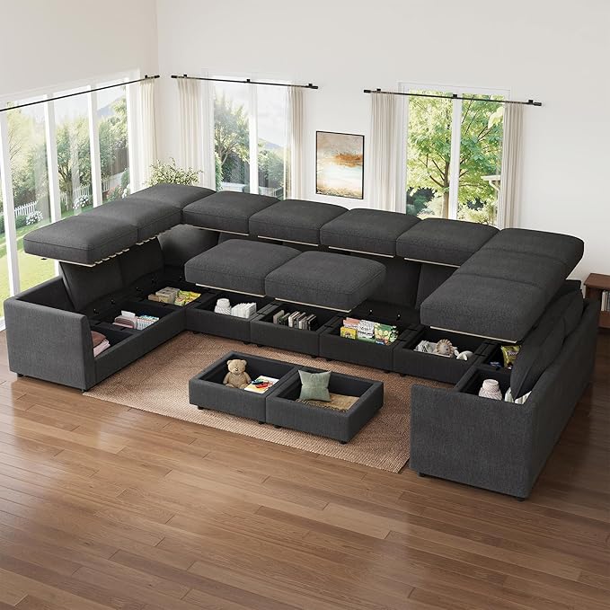 HONBAY Modular Sectional Sofa Sleeper Couch with Storage Modular Couch Convertible Couches for Living Room - Snowflake Velvet Grey