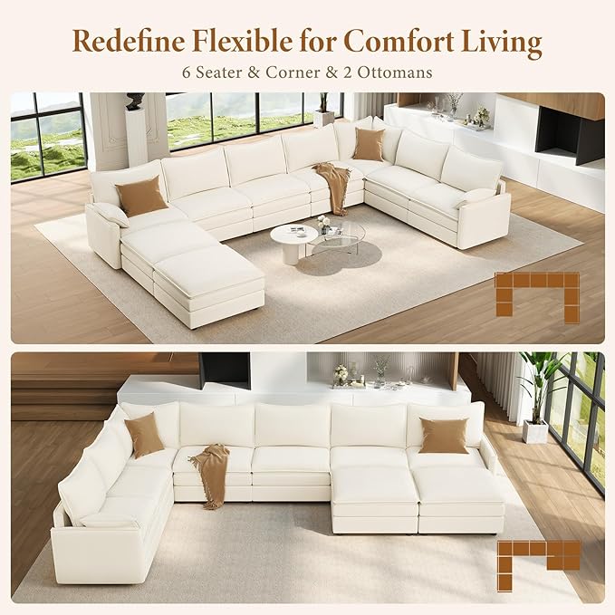 Vesgantti Large Modular Sectional Sofa, Big Comfy Cloud Couch with Ottoman Deep Seat Chenille Cloud Sofa, 9 Seater Large Sectional Couches for Living Room, Bedroom and Apartment, Snow White | Sink-in Comfort, Height Adjustable, Easy Rearrangement, Extr...