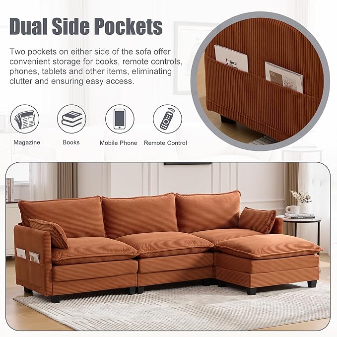 103" Oversized Modular Sectional Sofa Couch with Reversible Ottoman, Free Combination Convertible Corner Couch,Corduroy Upholstered Cloud Sectional Couch with Side Pockets | Multiple Cushions, DIY Combination, Removable Cover