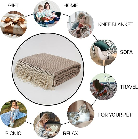 | Cashmere Blend Blanket | 10% Cashmere, 90% Superfine Wool | Ultra-Soft, Warm & Breathable Throw with Fringes | Elegant Bed or Sofa Layer 55"x79" (140 x 200 cm)