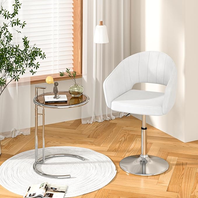 VECELO Velvet Accent Chair, Adjustable Luxury Vanity & Dining Chair with Gold Barstool Base, 360°Swivel Upholstered Armchair for Living Room, Bedroom, Home Office, Pearl White