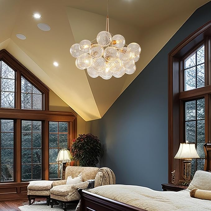 Longree Bubble Chandelier White and Gold 6-Light Dia 24" Swirled Glass Chandeliers Pendant Light Fixture for Kitchen Island, Bedroom, Dining Room