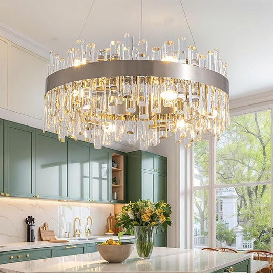 Siljoy 23.6 Inch Modern Crystal Chandelier, Luxury 2-Tiers K9 Crystal Raindrop Chandelier, Dimmable Crystal Pendant Ceiling Light for Dining Room Kitchen Island Entryway Foyer, E12 x 12